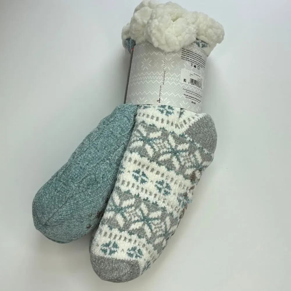Muk Luks 2 Pair Women's Cabin Socks Blue Gray Fair Isle L/XL (8-10) NWT